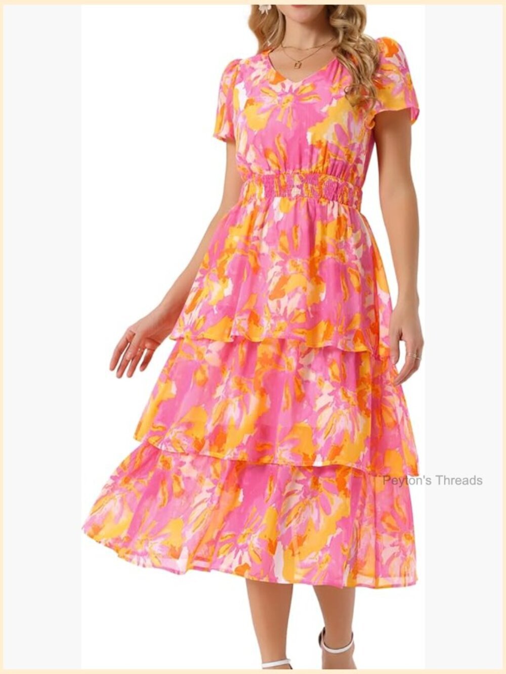 Women's Summer Floral Dress V Neck Short Sleeve Ruffle Tiered Midi
